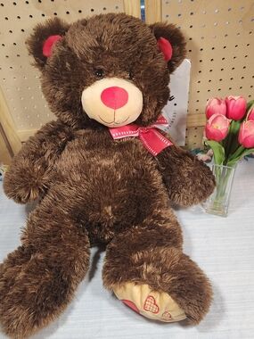 Hugfun Brown Teddy Bear Plush Rec Nose Heart Feet Ribbon Stuffed Anima Lovey